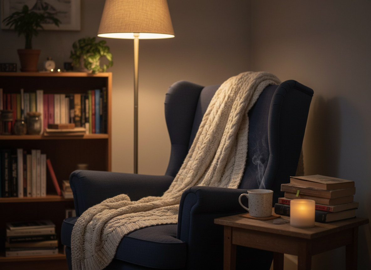 A budget-conscious, cozy reading corner in a small apartment, featuring a secondhand high-backed armchair reupholstered in deep indigo cotton, draped with a cream cable-knit throw. A narrow, scuffed side table holds a ceramic mug, a small stack of bookmarked paperbacks, and a battery-operated candle in frosted glass. Behind the chair, a simple, DIY-painted wall in warm charcoal sets a moody backdrop, while a floor lamp with a linen shade casts a focused pool of golden light over the chair and books. Photographic realism with a slightly angled side view, using shallow depth of field to blur a simple bookcase in the background. The mood is quietly luxurious yet realistically attainable, highlighting the charm of imperfect, lived-in details instead of glossy, generic styling.
