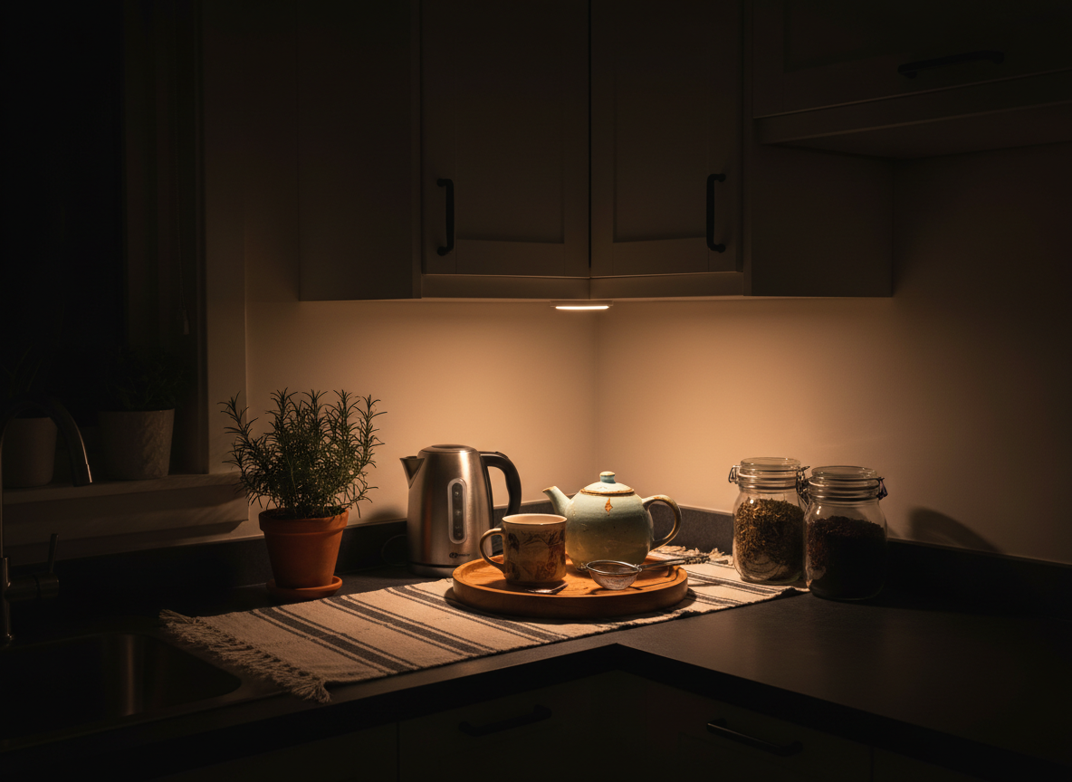 A tiny, moody kitchenette styled for a late-night tea ritual, with matte off-white cabinets, simple black hardware, and a dark laminate countertop softened by a striped cotton runner. On the counter sits an electric kettle, a chipped ceramic teapot, and a small tray with a thrifted mug, a tea strainer, and a vintage spoon, all bathed in the warm halo of an under-cabinet puck light. A single potted herb and a few glass jars of loose tea add texture without feeling staged. Photographic realism captured at eye level, focusing tightly on the vignette with the rest of the kitchen falling into soft shadow. The lighting is low, intimate, and inviting, evoking the calm, reflective mood of “The Midnight Nest” without leaning into anything spooky or theatrical.