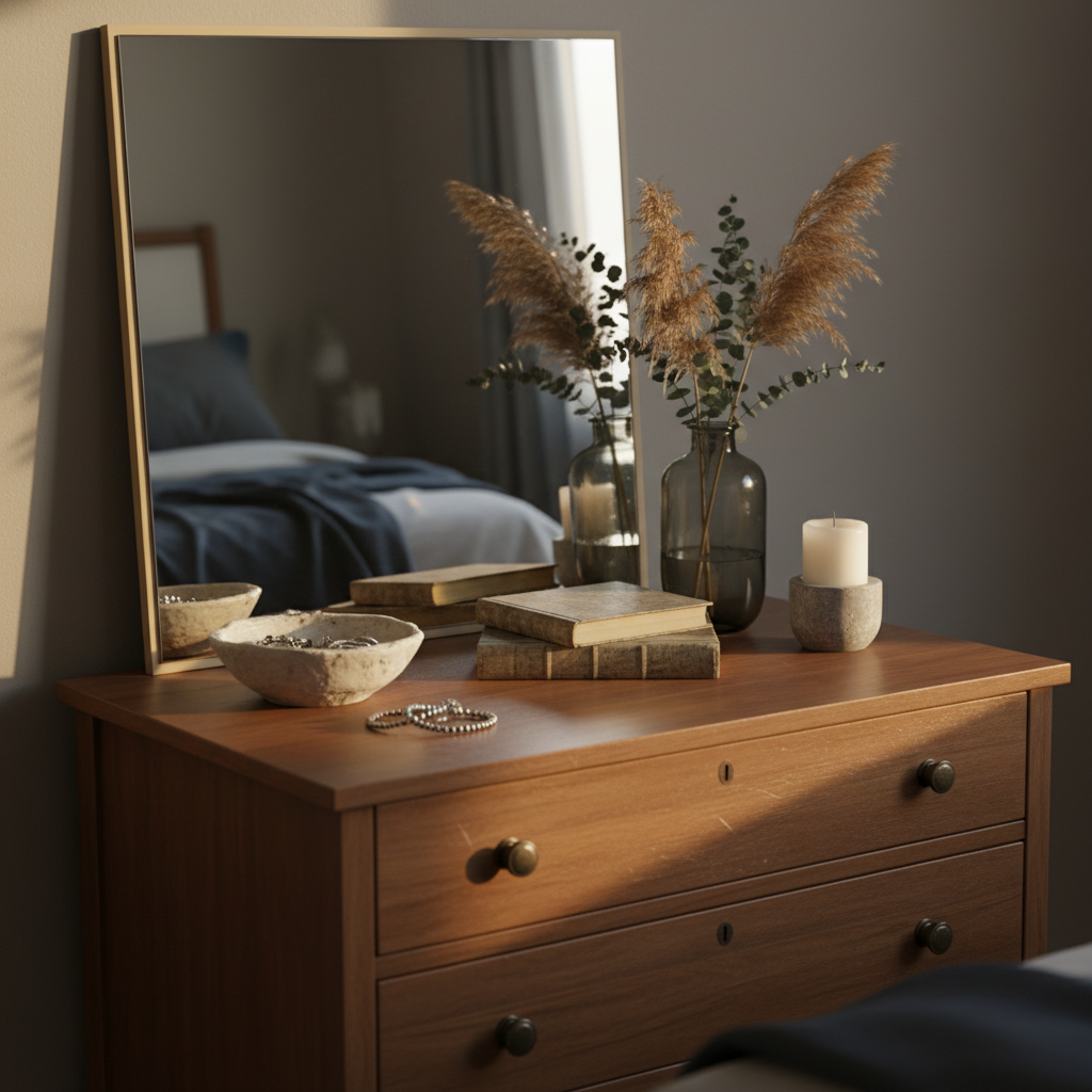 A thrifted, dark-wood dresser styled as a bedroom focal point, its surface slightly scratched but polished to a soft sheen, against a deep taupe wall. On top, a large frameless mirror leans casually, reflecting a blurred glimpse of moody bedding. A cluster of budget-friendly decor items—a ceramic bowl of jewelry, a small stack of secondhand books, a smoky glass vase with dried stems, and a pillar candle in a stone holder—are arranged asymmetrically. Warm late-afternoon light spills in from the left, catching the edges of the objects and casting long, gentle shadows. Photographic realism from a close-up, eye-level perspective, with shallow depth of field isolating the vignette. The atmosphere is intimate, collected, and quietly sophisticated, celebrating imperfect patina and accessible styling rather than polished luxury.