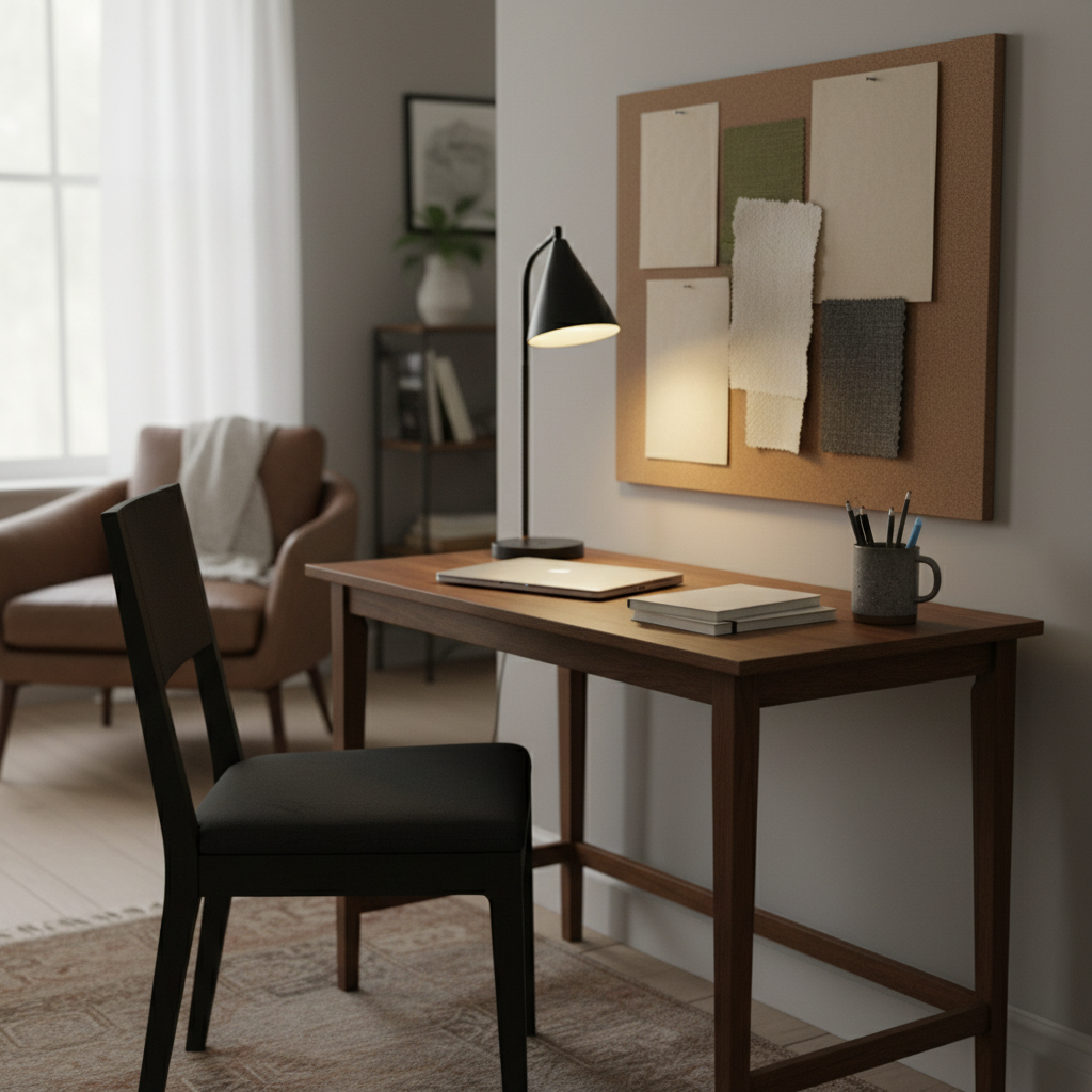 A moody yet practical home office corner carved out of a living room, featuring a slim, dark-wood desk pushed against a deep greige wall and a simple, affordable black task chair with a slightly worn seat. The desk surface holds a closed laptop, a stack of plain notebooks, a ceramic cup filled with pens, and a small, sculptural lamp casting a warm, focused pool of light. A corkboard above the desk is pinned with blank kraft paper and fabric swatches, avoiding readable text while suggesting inspiration. Photographic realism with side lighting from a nearby window softened by sheer curtains, creating a mix of natural and artificial glow. Shot from a three-quarter angle with moderate depth of field, the scene feels calm, focused, and attainable for renters configuring work-from-home setups.