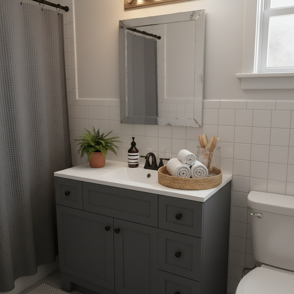 A small bathroom transformed into a cozy, budget-friendly retreat, with simple white tile, an unframed mirror slightly aged at the edges, and a basic vanity refreshed with dark paint and simple black knobs. The countertop holds a woven tray with rolled cotton towels, a glass jar of wooden brushes, and a dark amber soap dispenser, all arranged neatly but not overly styled. A soft, charcoal waffle shower curtain and a small potted plant add texture and depth. Warm, diffused overhead light mixes with faint daylight from a high, frosted window, creating gentle reflections on the mirror. Photographic realism at a slightly elevated angle, capturing the whole vanity while subtly blurring the background. The mood is clean, calm, and quietly stylish without feeling expensive or like a staged spa.