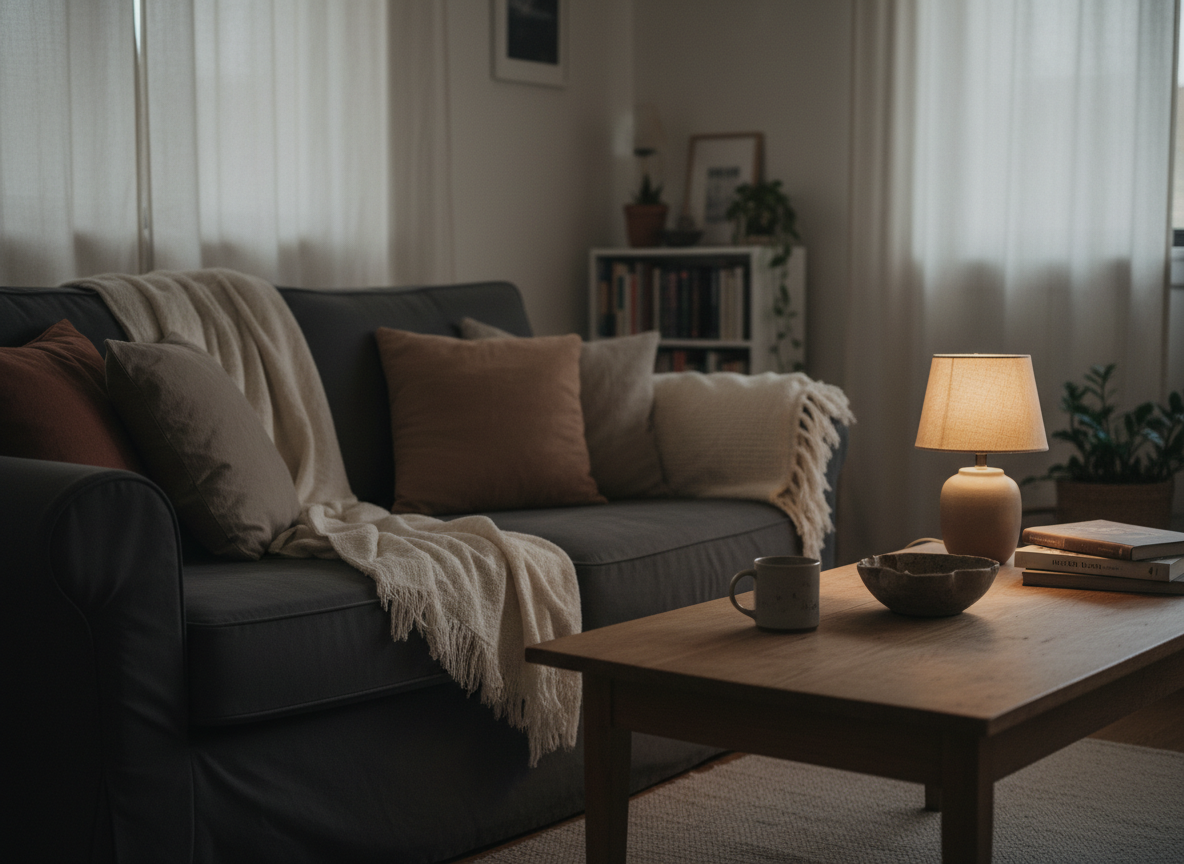 A cozy, budget-friendly living room styled in moody neutrals, with a deep charcoal cotton slipcovered sofa layered in textured throw blankets and mismatched, affordable cushions in clay, taupe, and muted rust. A simple oak coffee table with a slightly worn finish holds a ceramic mug, a thrifted stoneware bowl, and a stack of dog-eared decor books. Soft, warm lamplight from a small linen-shaded table lamp pools onto the tabletop while dim evening light seeps through sheer curtains. Photographic realism at eye level, framed with the sofa on the rule of thirds, background softly blurred to suggest a small, lived-in apartment. The atmosphere feels intimate, calm, and attainable rather than luxurious, perfect for a home decor blog about realistic, cozy spaces.