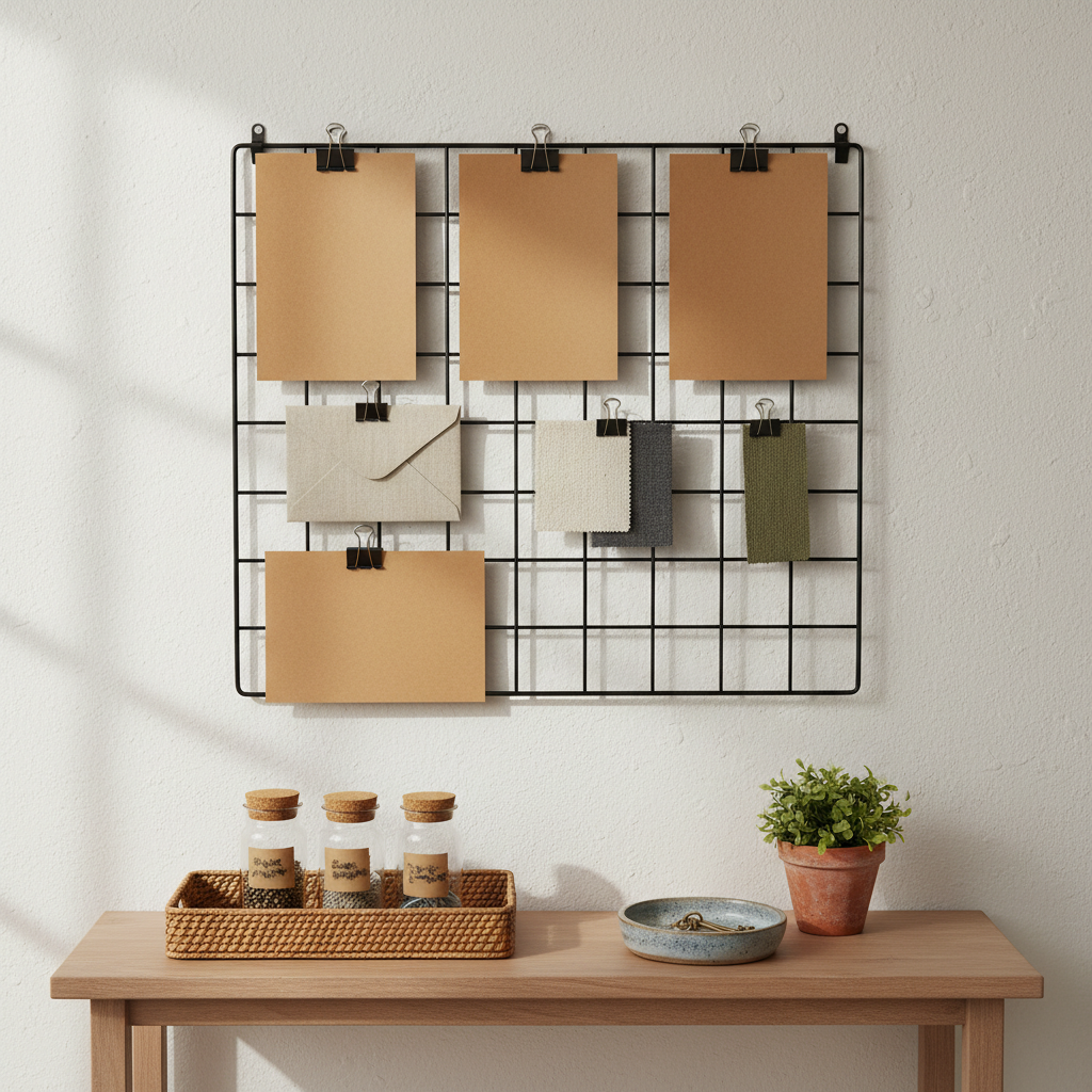 A printable home organization command center styled on a simple, matte-black metal grid mounted above a small console table. Instead of readable calendars, the grid holds blank kraft paper sheets, neutral envelopes, and clipped fabric samples, suggesting schedules and lists without text. On the console, a woven tray contains labeled-but-unreadable glass jars, a thrifted ceramic dish for keys, and a small plant in a terracotta pot. Soft, indirect daylight from a nearby window creates delicate shadows through the grid pattern onto the wall. Photographic realism from a straight-on shot with moderate depth of field keeps all elements clear. The scene feels practical, calm, and attainable, illustrating how printable resources and affordable storage can create order in a cozy, lived-in home without veering into sterile or overly styled territory.