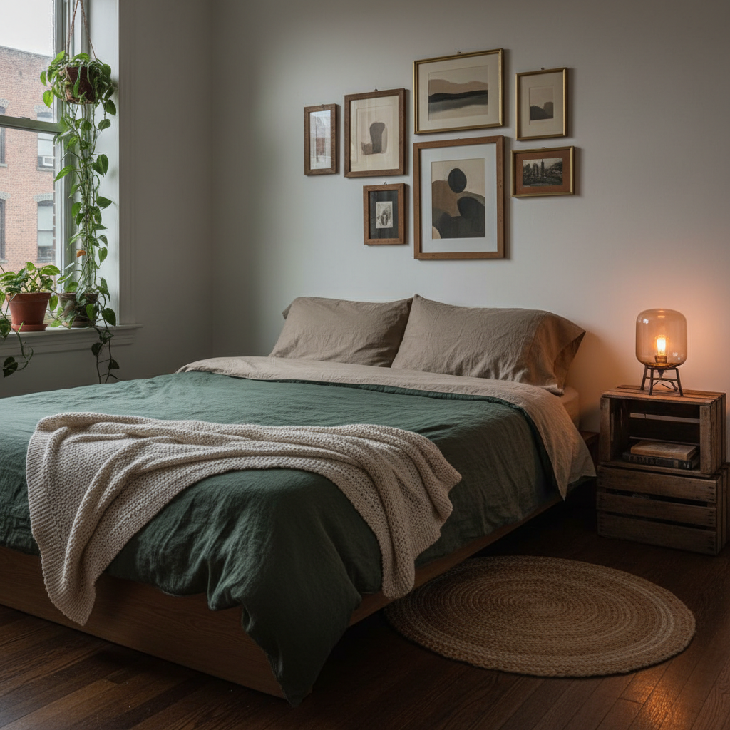 A compact renter-friendly bedroom with a low, simple wooden bed frame and a rumpled, dark moss-green cotton duvet, layered with a cream knit throw and two linen pillows in warm greige. Above the bed, a gallery wall of mismatched thrift-store frames displays abstract, text-free art in soft charcoal and sepia tones. A small DIY nightstand made from stacked vintage crates holds an amber glass lamp casting warm, moody light across the textured bedding. Photographic realism from a slightly elevated corner angle, capturing scuffed hardwood floors, a woven jute rug, and a trailing plant on the windowsill in soft evening light. The mood is serene, lived-in, and quietly sophisticated, emphasizing affordable, collected-over-time decor instead of anything glossy or staged.