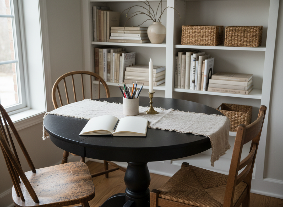 A narrow dining nook turned multi-use workspace, featuring a simple round pedestal table painted matte black, surrounded by two mismatched wooden chairs with worn seats. The tabletop holds an open, text-free notebook, a ceramic pencil cup, and a single taper candle in a brass holder, all arranged on a frayed linen runner. Behind, a small shelving unit displays neatly stacked cookbooks, woven baskets, and a few budget-friendly decor accents like a stoneware vase with foraged branches. Soft, overcast daylight filters through a nearby window, creating gentle shadows and a cozy, contemplative atmosphere. Photographic realism with a slightly overhead, three-quarter angle, using shallow depth of field to keep the table in sharp focus and the shelves subtly blurred, ideal for illustrating practical, dual-purpose home decor solutions.