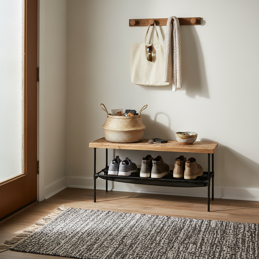 A compact entryway styled for real life, with a slim black metal shoe rack, a small wooden bench with visible knots and grain, and a row of simple wall hooks holding a canvas tote and a neutral scarf. A textured, washable runner in charcoal and cream anchors the space on worn vinyl flooring. On the bench, a woven basket corrals keys and everyday items, beside a small, thrifted stoneware bowl. Soft afternoon light filters through a nearby door window, casting gentle shadows and highlighting dust motes in the air. Photographic realism from a straight-on, eye-level perspective with everything sharply in focus. The atmosphere is practical, welcoming, and unpretentious, emphasizing how even tight, utilitarian spaces can feel thoughtfully designed on a modest budget.