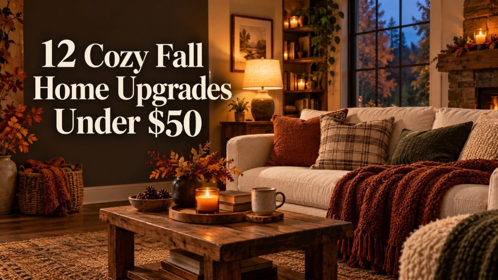 Cozy fall living room with warm lighting, autumn décor, blankets, and the title 12 Cozy Fall Home Upgrades Under $50