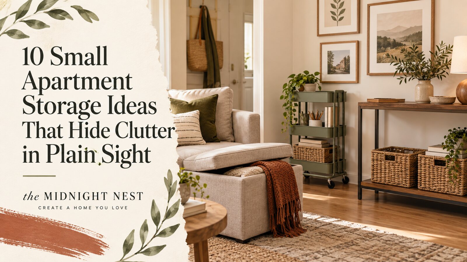Warm small apartment living room with a storage ottoman, slim rolling cart, woven baskets, and the article title.