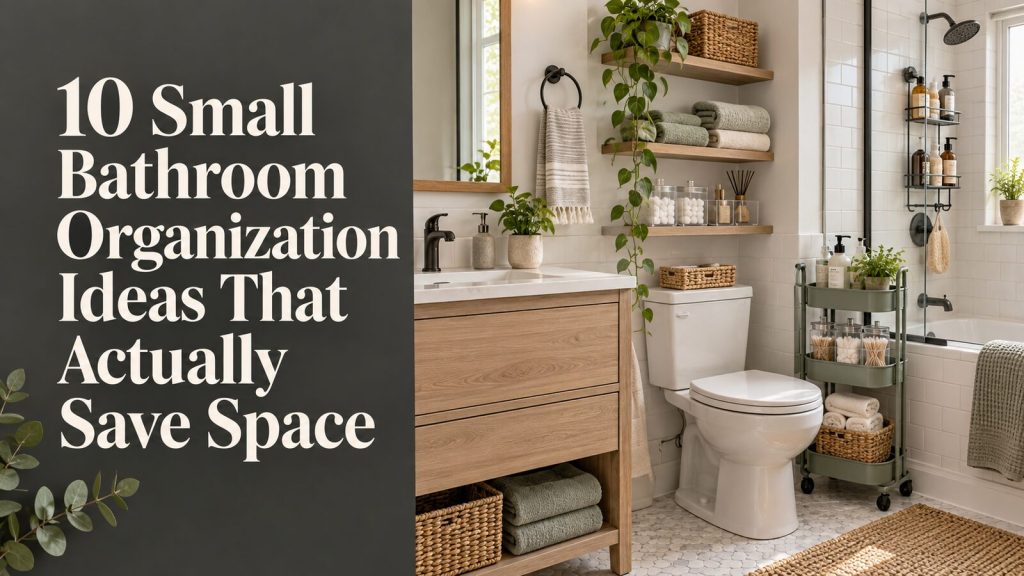 Organized small bathroom with shelves, baskets, a rolling cart, and the title 10 Small Bathroom Organization Ideas That Actually Save Space