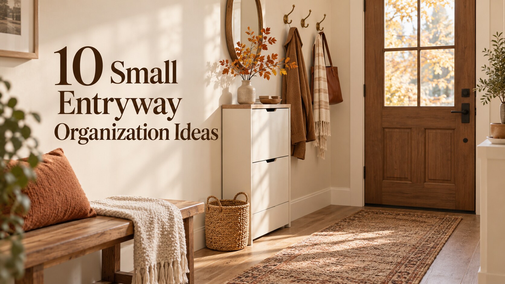 Warm, organized small entryway with a slim shoe cabinet, bench, wall hooks and woven basket